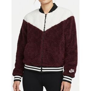 Burgundy Cream Chevron Color-Block Sherpa Cropped Full Zip Jacket Nike XS Extra